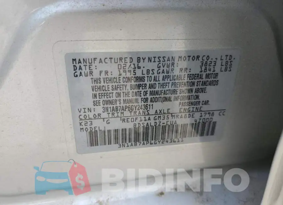 3N1AB7AP6GY243611 Photo# 12