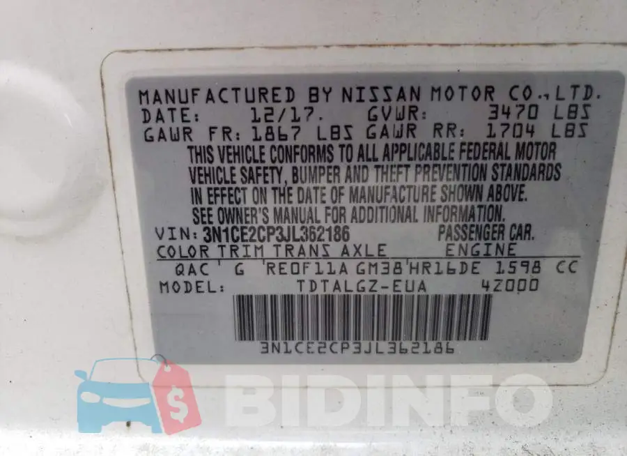 3N1CE2CP3JL362186 Photo# 12