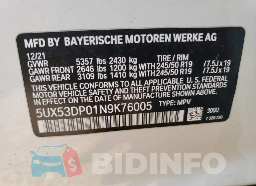 5UX53DP01N9K76005 Photo# 12