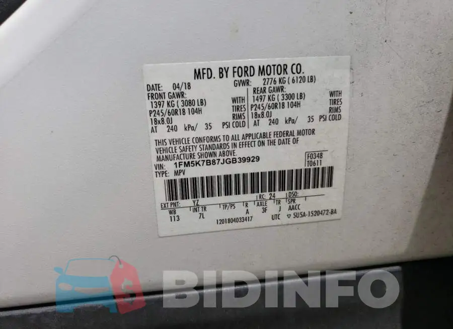 1FM5K7B87JGB39929 Photo# 13