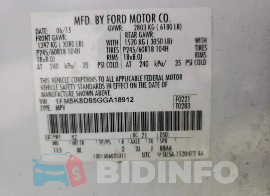 1FM5K8D85GGA18912 Photo# 13