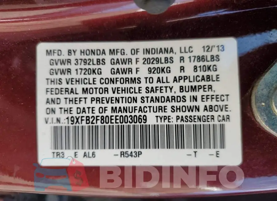19XFB2F80EE003069 Photo# 12