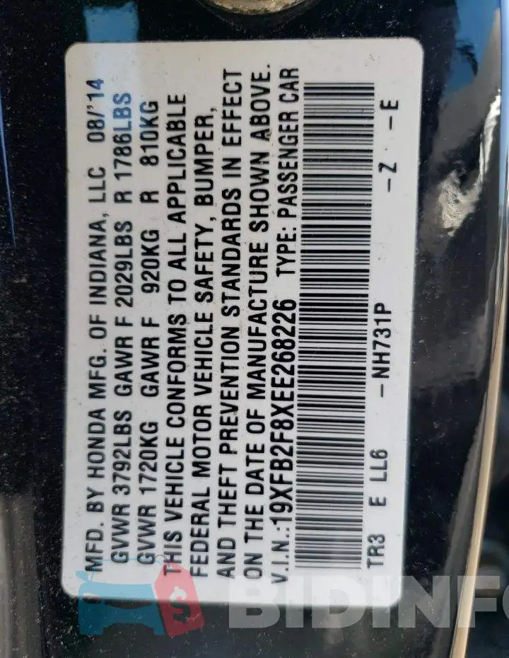 19XFB2F8XEE268226 Photo# 12