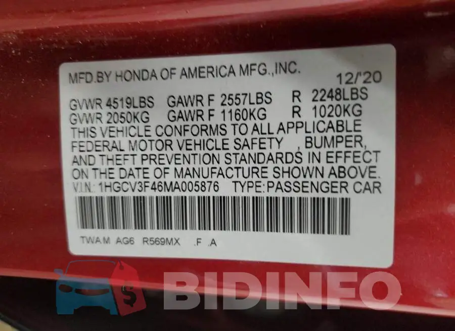 1HGCV3F46MA005876 Photo# 12