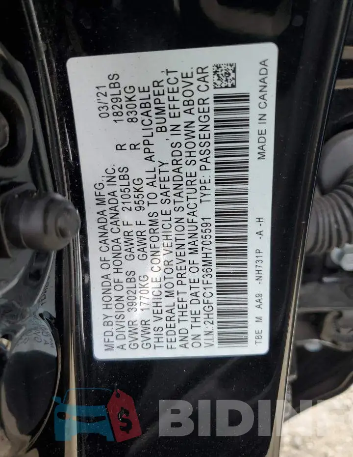 2HGFC1F36MH705591 Photo# 12