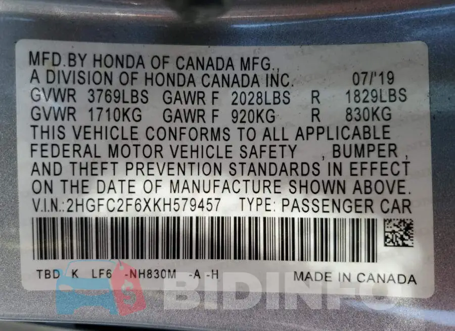 2HGFC2F6XKH579457 Photo# 12