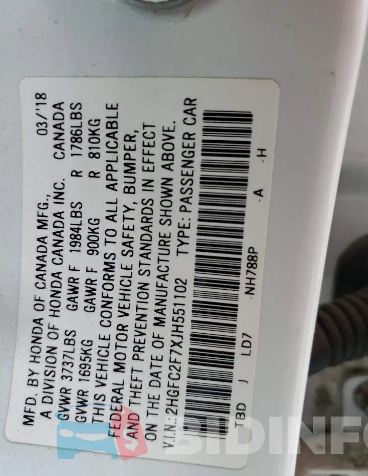 2HGFC2F7XJH551102 Photo# 12