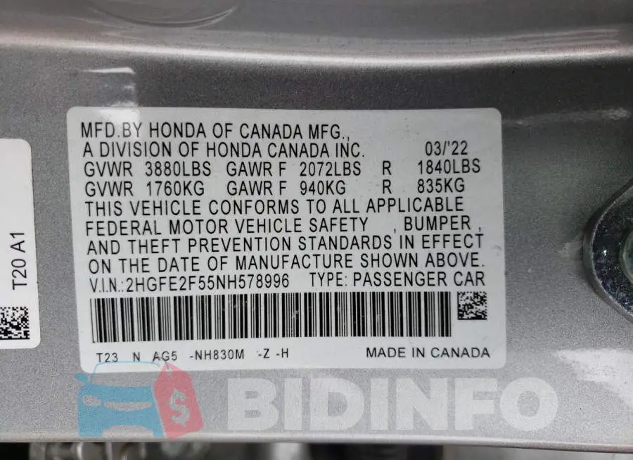 2HGFE2F55NH578996 Photo# 12