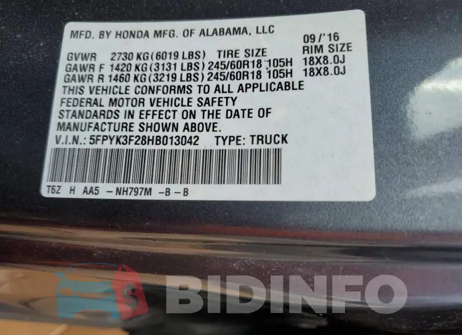 5FPYK3F28HB013042 Photo# 12