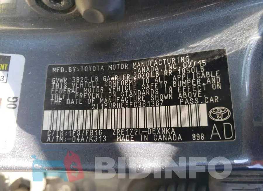 2T1BURHE5FC361367 Photo# 12