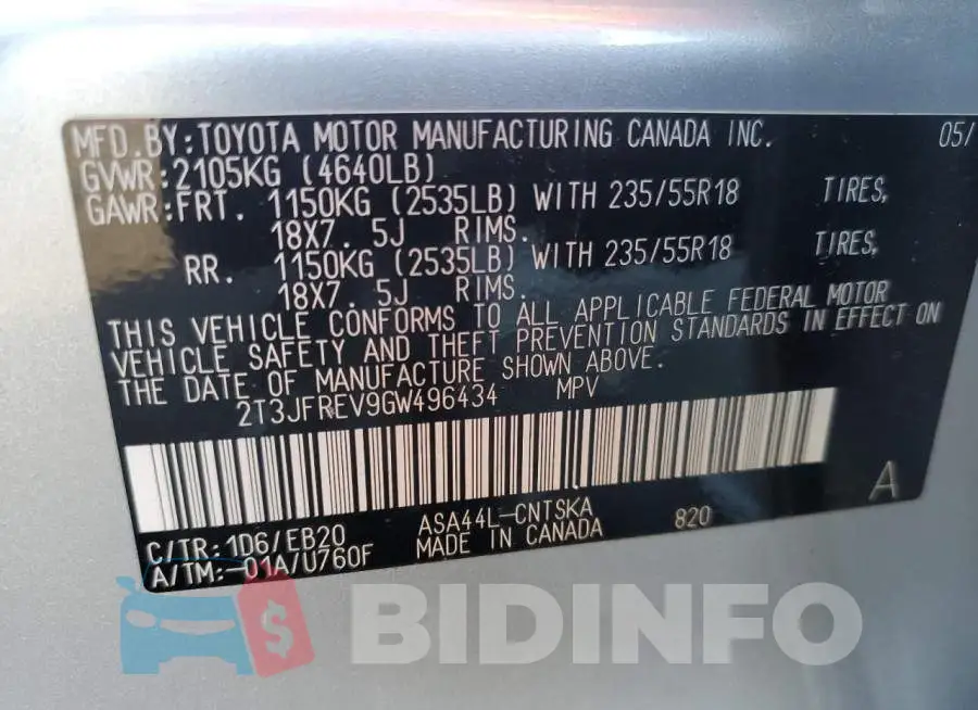 2T3JFREV9GW496434 Photo# 13