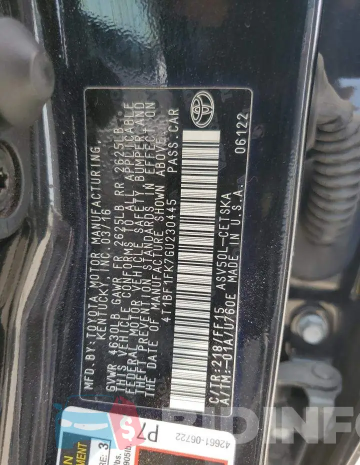4T1BF1FK7GU230445 Photo# 12