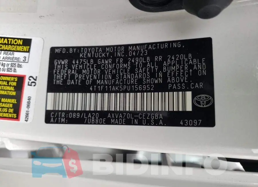 4T1F11AK5PU156952 Photo# 12