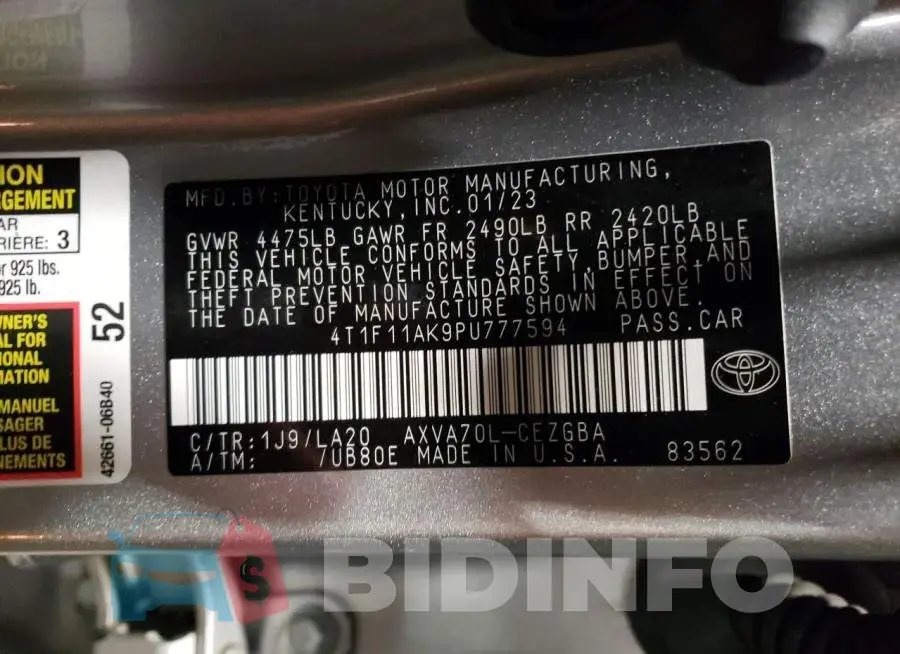 4T1F11AK9PU777594 Photo# 12
