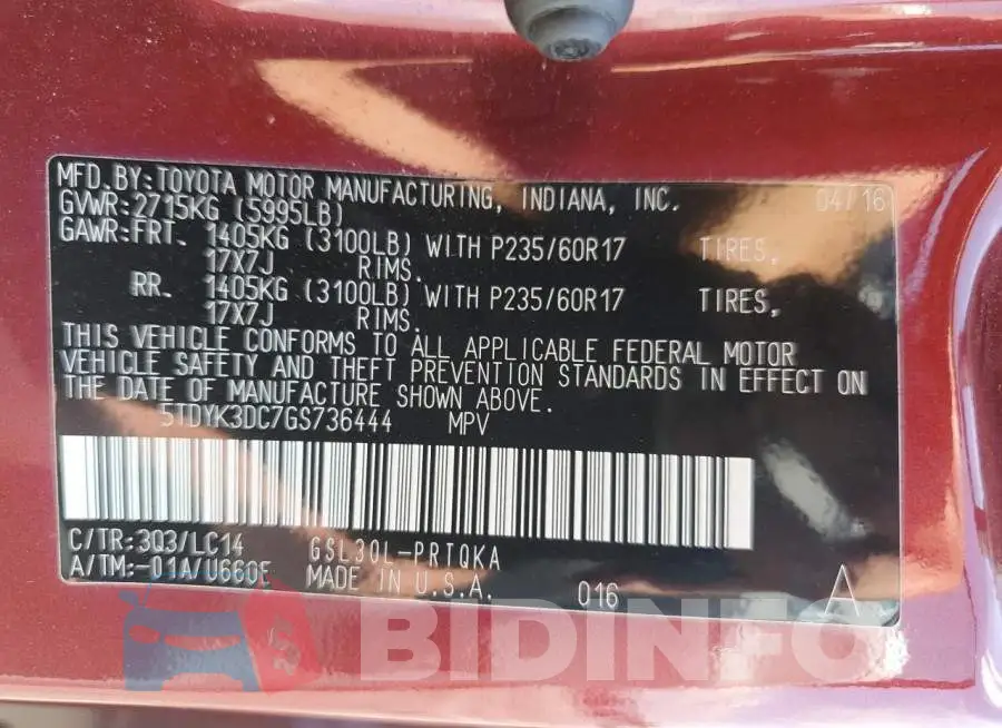 5TDYK3DC7GS736444 Photo# 14