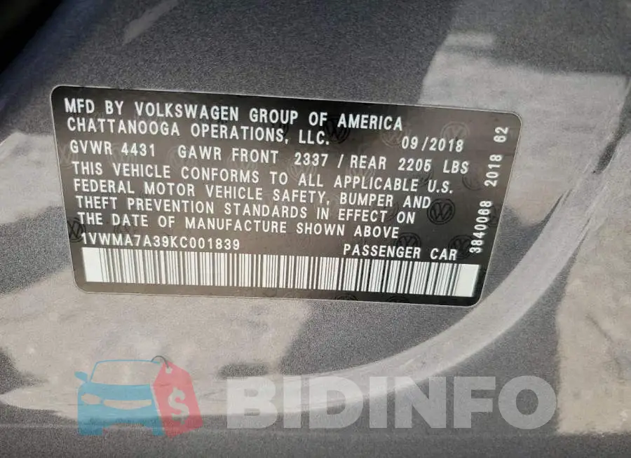 1VWMA7A39KC001839 Photo# 12