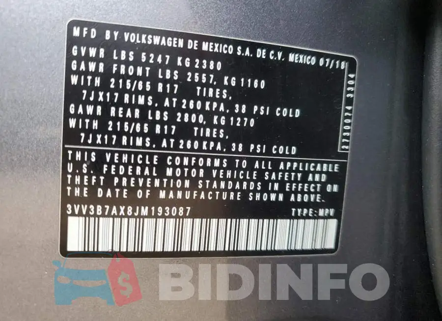 3VV3B7AX8JM193087 Photo# 13