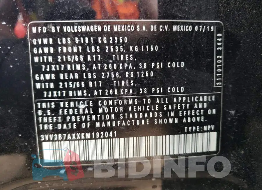 3VV3B7AXXKM192041 Photo# 13