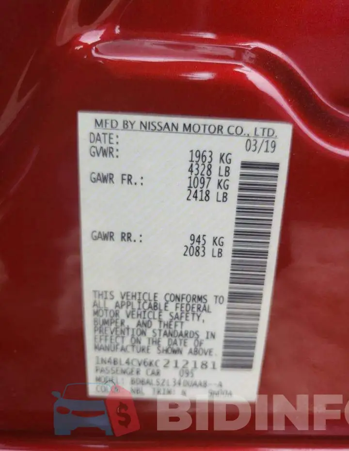 1N4BL4CV6KC212181 Photo# 12