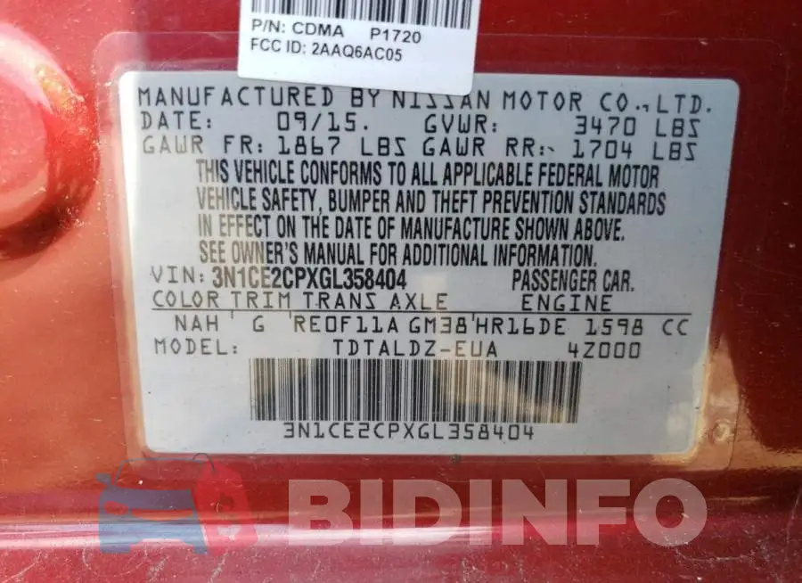 3N1CE2CPXGL358404 Photo# 13