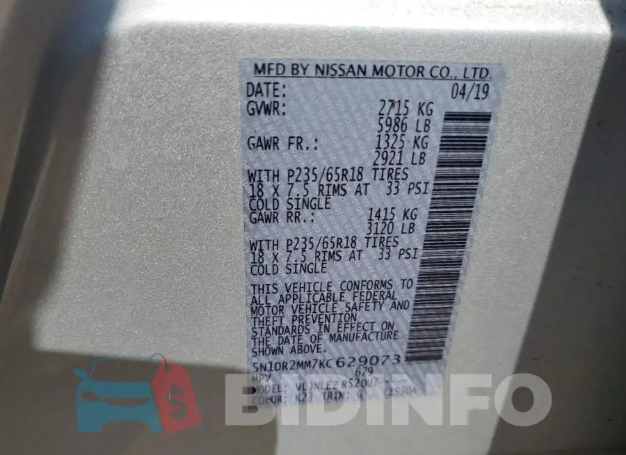 5N1DR2MM7KC629073 Photo# 13
