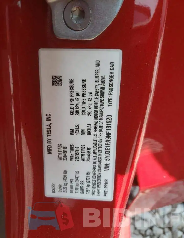 5YJ3E1EA9NF191920 Photo# 12