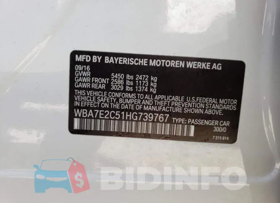 WBA7E2C51HG739767 Photo# 12