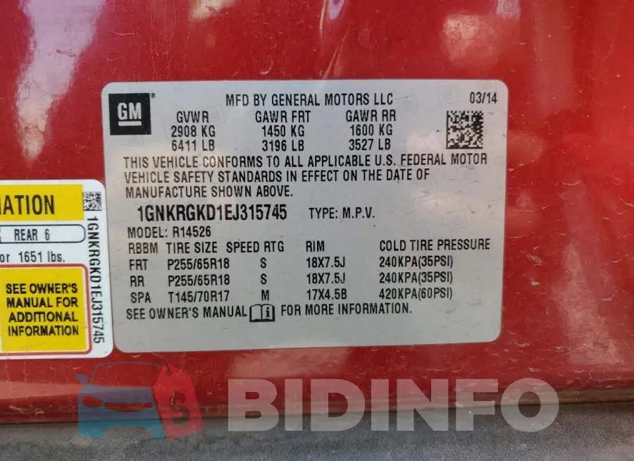 1GNKRGKD1EJ315745 Photo# 14