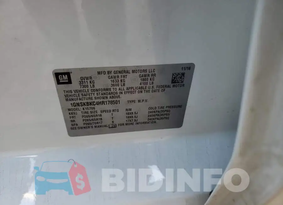 1GNSKBKC4HR178501 Photo# 13