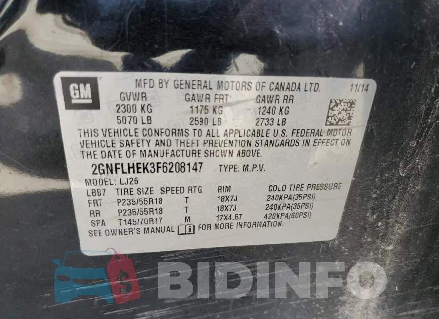 2GNFLHEK3F6208147 Photo# 13