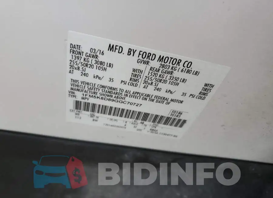 1FM5K8D89GGC70727 Photo# 13