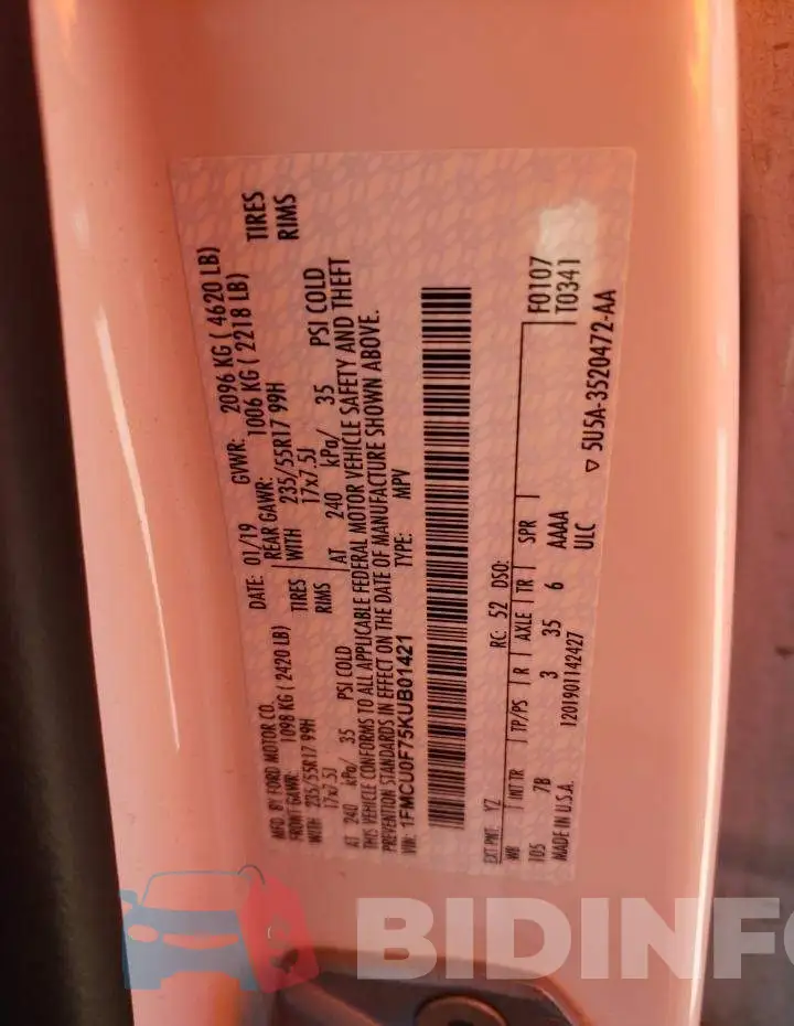 1FMCU0F75KUB01421 Photo# 12