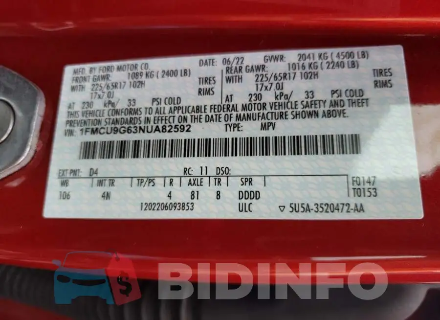 1FMCU9G63NUA82592 Photo# 12