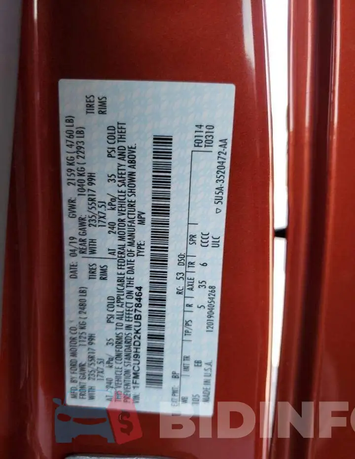 1FMCU9HD2KUB78464 Photo# 12