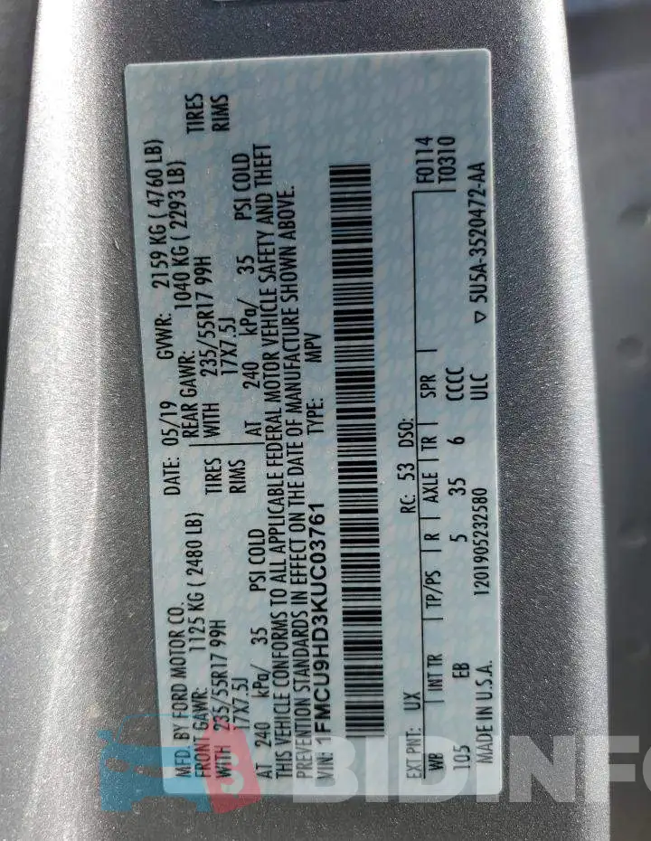 1FMCU9HD3KUC03761 Photo# 12