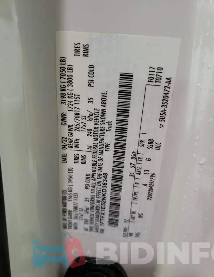 1FTFX1E52NKD38348 Photo# 12