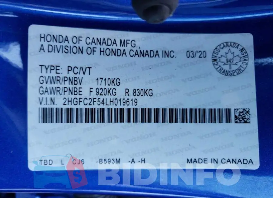 2HGFC2F54LH019619 Photo# 12