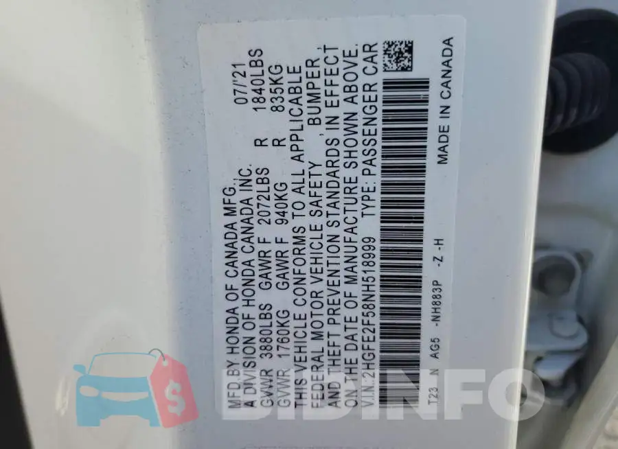 2HGFE2F58NH518999 Photo# 12