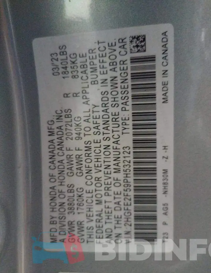 2HGFE2F59PH532123 Photo# 13