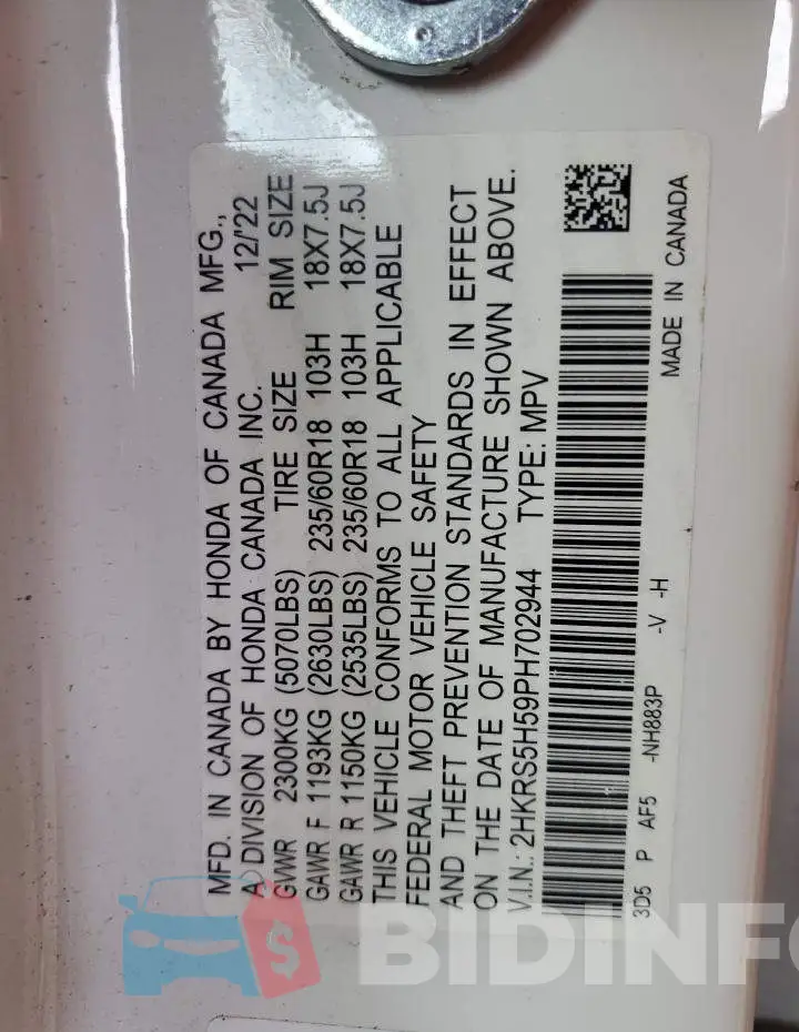 2HKRS5H59PH702944 Photo# 13