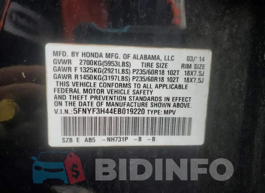 5FNYF3H44EB019220 Photo# 13