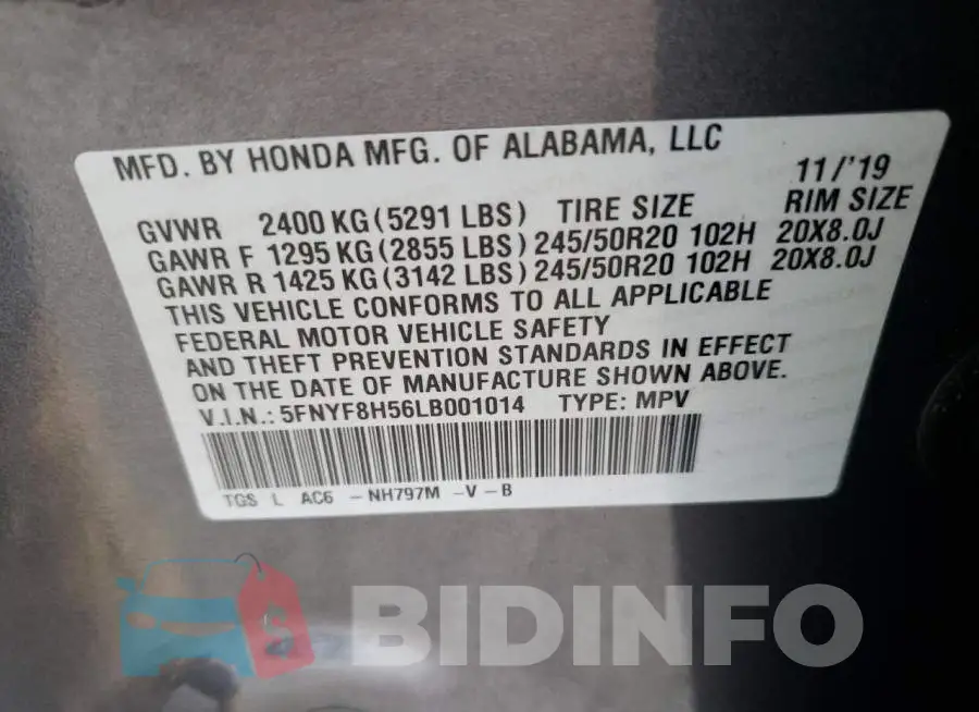 5FNYF8H56LB001014 Photo# 12