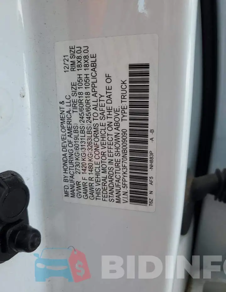 5FPYK3F70NB009090 Photo# 12