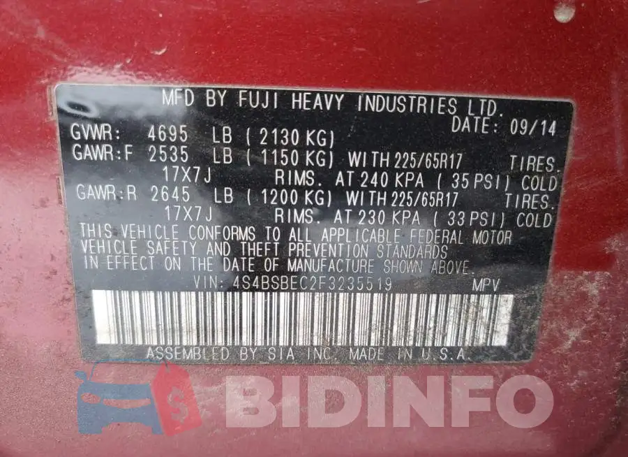 4S4BSBEC2F3235519 Photo# 14