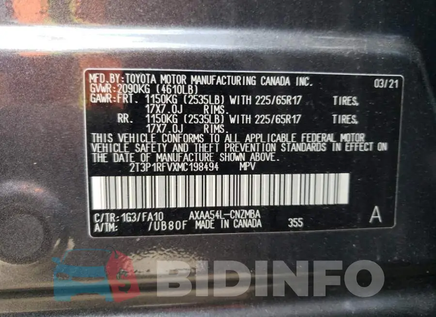 2T3P1RFVXMC198494 Photo# 13