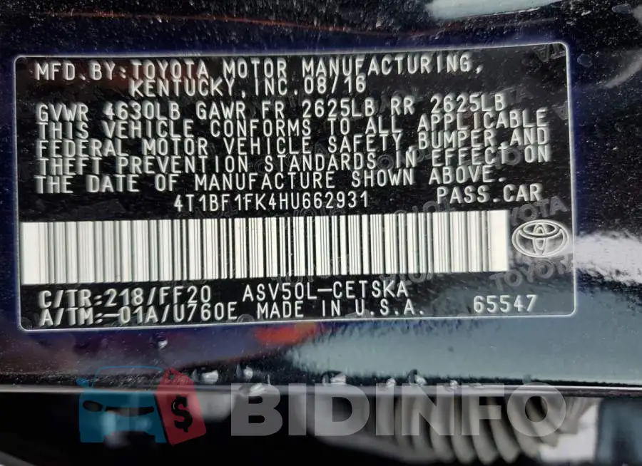 4T1BF1FK4HU662931 Photo# 12