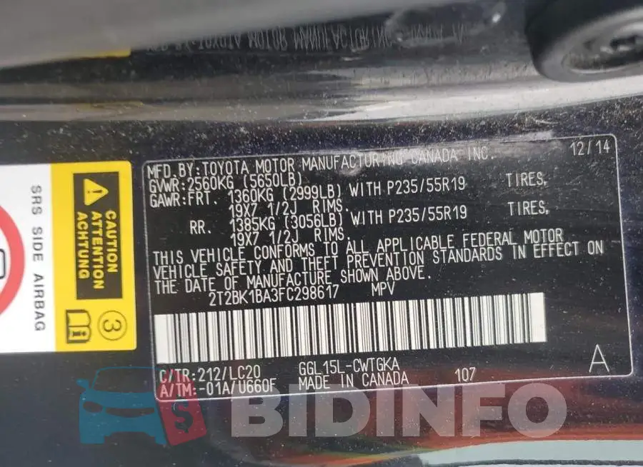 2T2BK1BA3FC298617 Photo# 14
