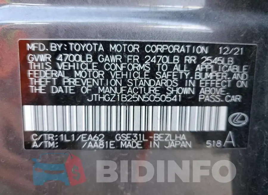 JTHGZ1B25N5050541 Photo# 12