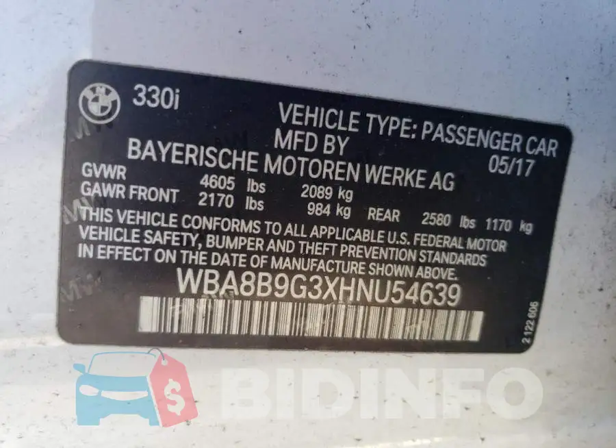 WBA8B9G3XHNU54639 Photo# 12