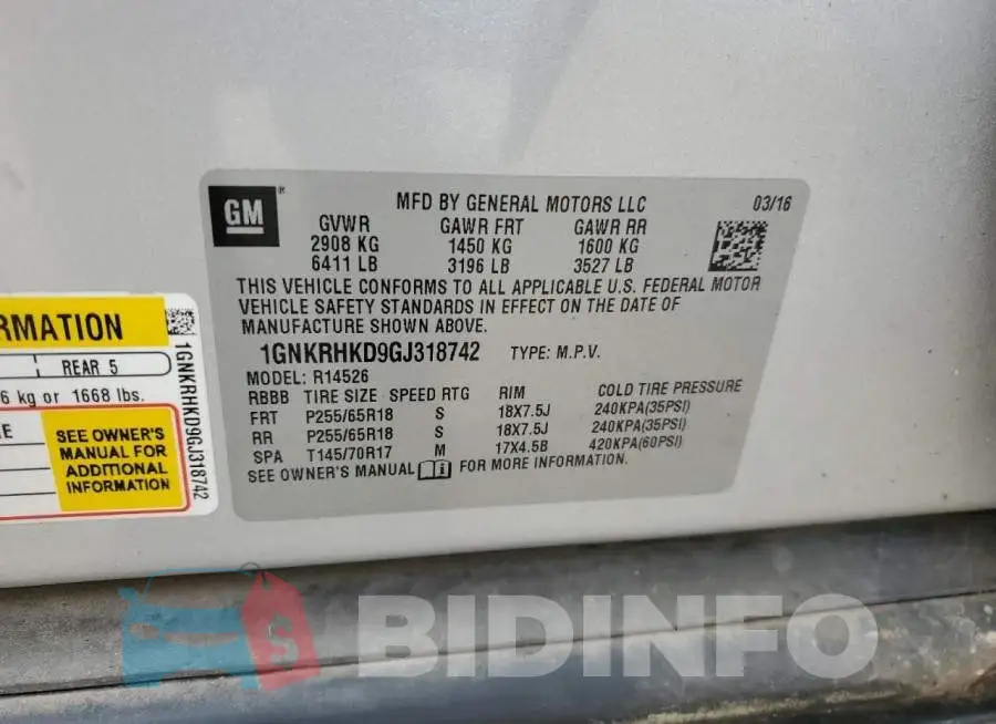 1GNKRHKD9GJ318742 Photo# 13